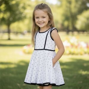 Janie & Jack Girls Sleeveless Dress 4 – White Black Polka Dots & Trim No Pockets